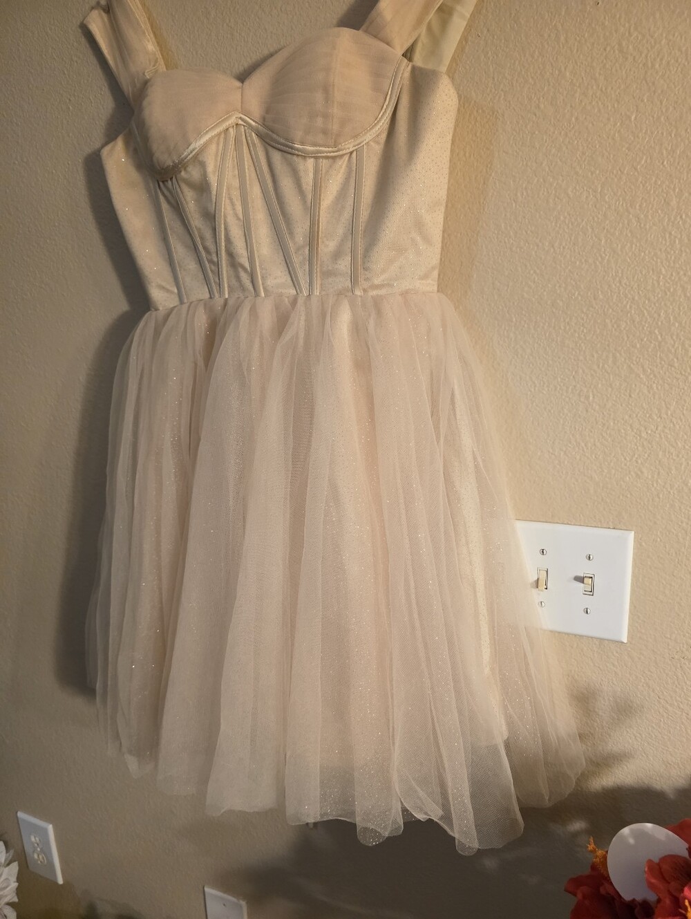 Girls Cream Tulle Party Dress with Glitter Bodice
